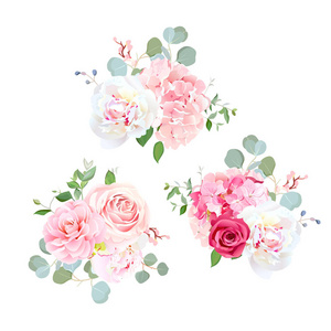 玫瑰 牡丹 山茶 绣球花和桉树的花束