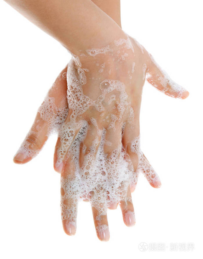 洗手用肥皂和水在浴室里卫生清洗