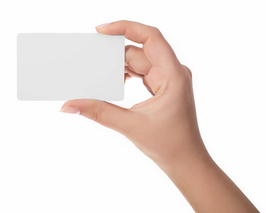 女人手举办虚拟名片, 信用卡或空白页照片