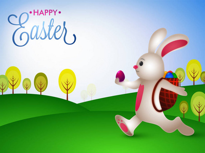 可爱的小兔子承载鸡蛋在他包里，快乐的复活节背景