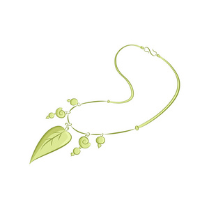 现实中形式的蜗牛壳，树叶，珠吊坠项链。优雅的女性配件。孤立在白色背景上绿色的物体。矢量图在手绘图样式