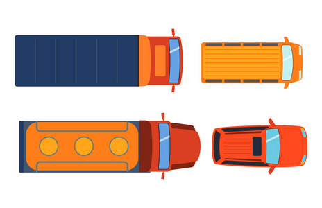 头顶上顶视图上丰富多彩的汽车玩具不同皮卡汽车运输和集合轮运输设计矢量图