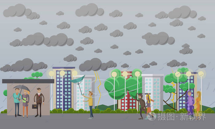 风雨如磐,又刮风又下雨的天气概念矢量插画,平面样式