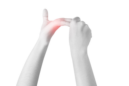 在白色背景上孤立女人手指的急性疼痛。白色背景上剪切路径