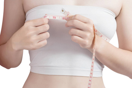 测量肥胖孤立在白色背景的女人。白色背景上剪切路径