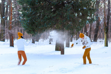 年轻夫妇微笑和在冬天玩雪球的肖像