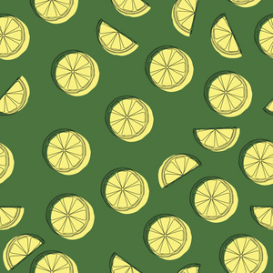 在背景中的柠檬片。水果壁纸。炫彩无缝花纹与新鲜水果集合