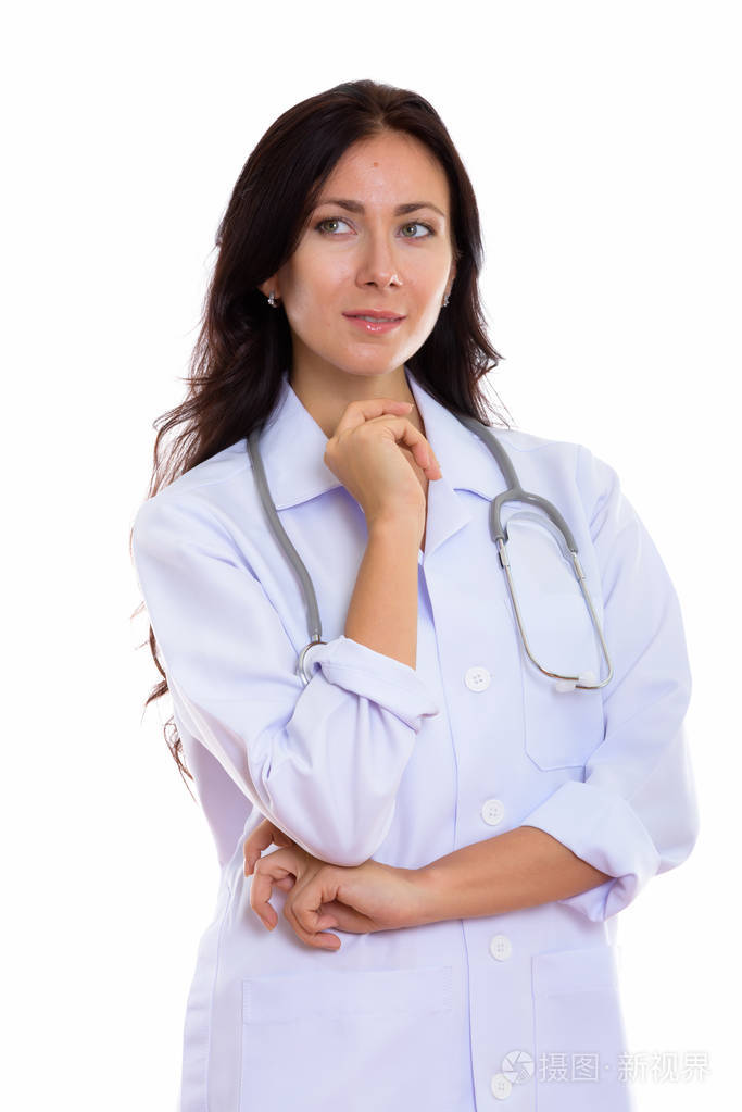 工作室拍摄的年轻美丽的女医生的思考