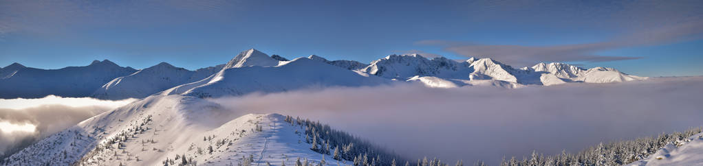 冬天的西 Tatra 山脉的全景。Wolowiec 高峰