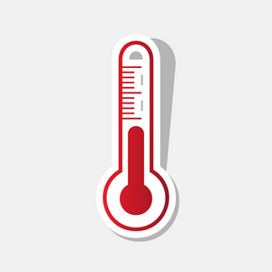 Meteo 诊断技术温度计标。矢量。新的一年带红色图标与外部的中风和灰色阴影，浅灰色的背景上