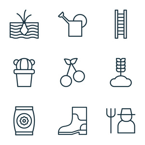 9 园艺图标集。包括捞砂筒 楼梯 谷物和其他符号。漂亮的设计元素