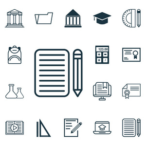 16 教育图标集。包括教育工具，电子研究 文凭和其他符号。漂亮的设计元素