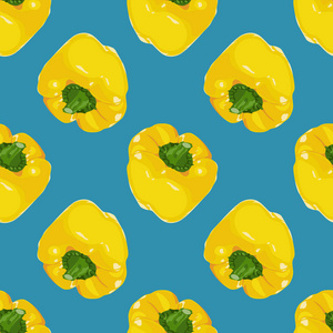 矢量与现实黄色柿子椒在蓝色背景上的无缝模式。为菜单 包装 网站设计