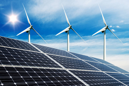 照片拼贴的太阳能电池板和风力汽轮机可持续资源的概念