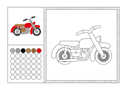 成人着色书页彩色的模板 装饰框架与颜色色板黑色和白色的向量轮廓图片复古摩托车