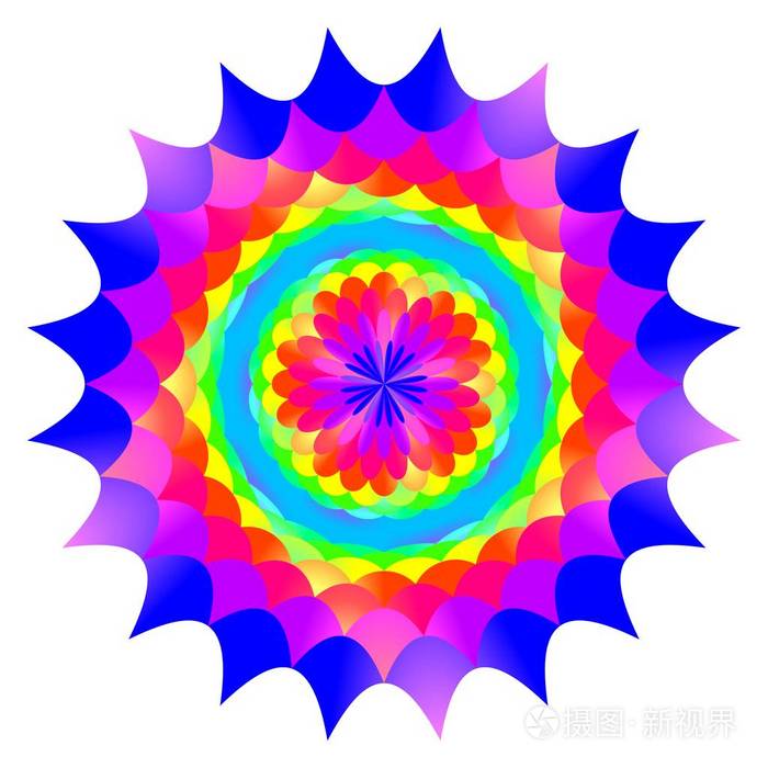 抽象的曼陀罗在彩虹的颜色花上白色背景多色开花多彩的深奥花瓣曼荼罗