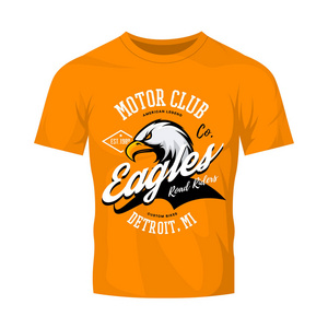 橙色 t 恤样机上孤立的老式美国愤怒鹰自定义自行车摩托车俱乐部三通打印矢量设计
