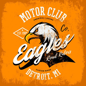橙色背景上孤立的老式美国愤怒鹰自定义自行车摩托车俱乐部三通打印矢量设计
