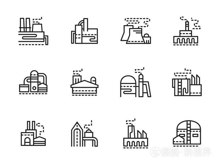 工业厂房黑色线矢量图标集