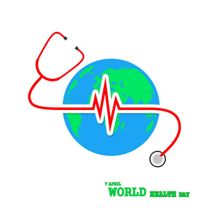 地球地球用听诊器和心跳的标牌。矢量图