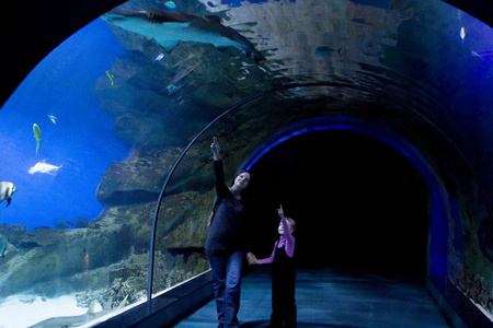 妈妈对女儿鱼水族馆