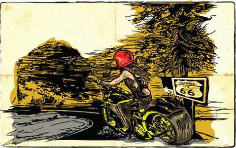 女子骑摩托车。手的绘制的矢量。手绘绘