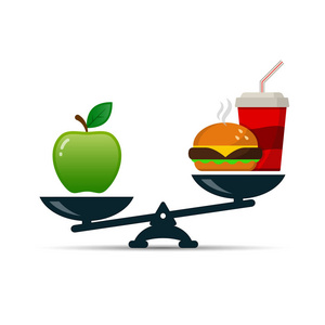 与苹果和汉堡快餐，尺度矢量彩色插图
