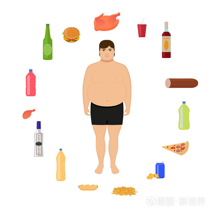 矢量卡通胖男人和不健康的食物