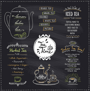 黑板上茶时间菜单列表设计咖啡馆或餐厅的一的套