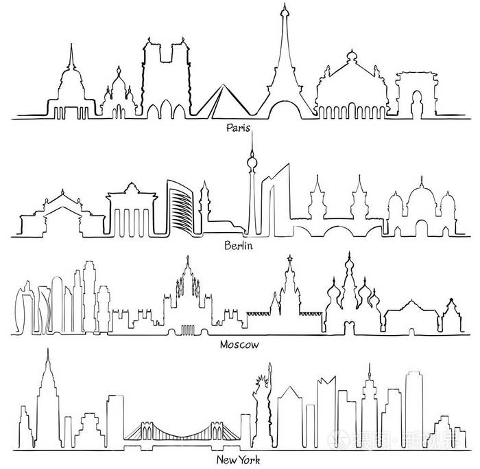 矢量城市剪影 巴黎 柏林 莫斯科和新 Y 一套