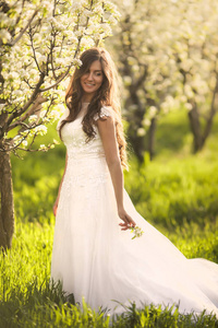在鲜花的美丽女子的画像。新娘在象牙色婚纱，长长的卷发在夏天开花树木的花园里散步