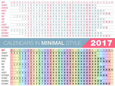 简单 2017年日历。水平方向，线性最小风格。设置的 12 个月，每周从周日起。矢量图