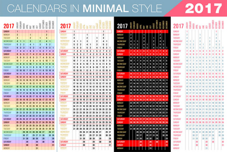 简单 2017年日历。垂直方向，线性最小风格。设置的 12 个月，每周从周日起。矢量图