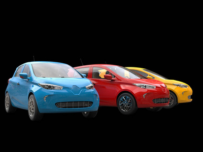现代电力生态汽车在黄色 蓝色和红色蓝色车特写
