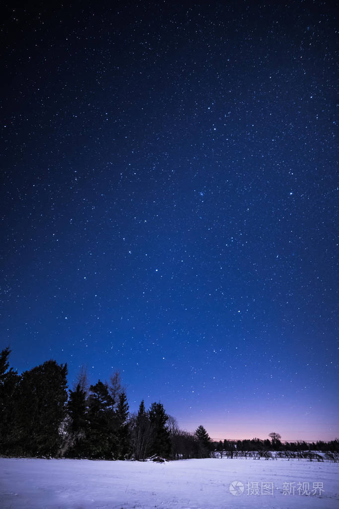 在晚上与树和星星的农村冬季景观