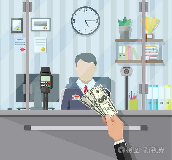 银行出纳员的窗口后面插画-正版商用图片0xqe7k-摄图新视界