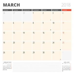 3 月 2018年的日历日程备忘录。设计模板。在周一的周开始。在页面上的 3 个月。月亮的