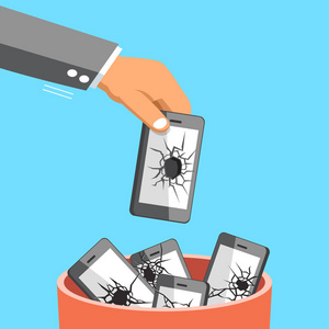 业务大手破智能手机扔到垃圾桶照片