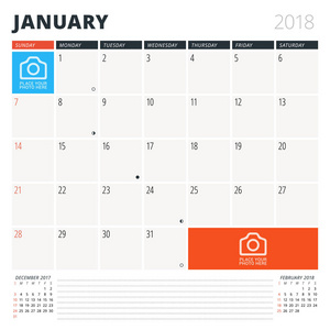 1 月 2018年的日历日程备忘录。设计模板。上周日的周开始。在页面上的 3 个月。月亮的