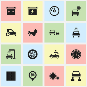 16 可编辑车辆图标集。包括车辆洗 货仓车 轮胎等符号。可用于 Web 移动 Ui 和数据图表设计