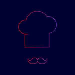 厨师的帽子和小胡子标志。矢量。从红到紫颜色深蓝色背景上的渐变线图标