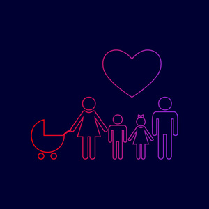 用心的家庭标志。丈夫和妻子保持儿童的手。矢量。从红到紫颜色深蓝色背景上的渐变线图标