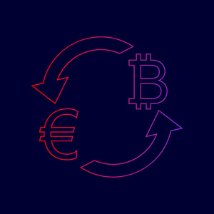 货币汇率的标志。欧元和 Bitkoin。矢量。从红到紫颜色深蓝色背景上的渐变线图标