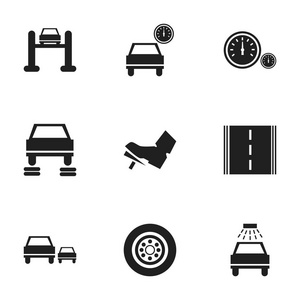 9 可编辑运输图标集。包括符号，如轮胎 汽车离不开，汽车修理以及更多。可用于 Web 移动 Ui 和数据图表设计
