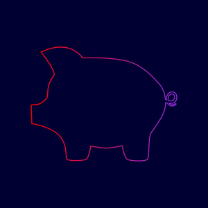 猪的钱银行的招牌。矢量。从红到紫颜色深蓝色背景上的渐变线图标