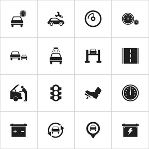 16 可编辑汽车图标集。包括公路 汽车 蓄能器等符号。可用于 Web 移动 Ui 和数据图表设计