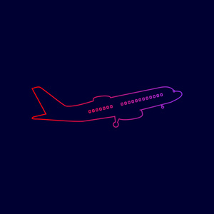 飞行的飞机标志。侧面图。矢量。从红到紫颜色深蓝色背景上的渐变线图标
