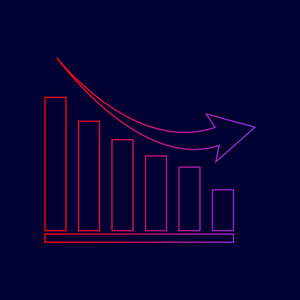 下降的图形标志。矢量。从红到紫颜色深蓝色背景上的渐变线图标