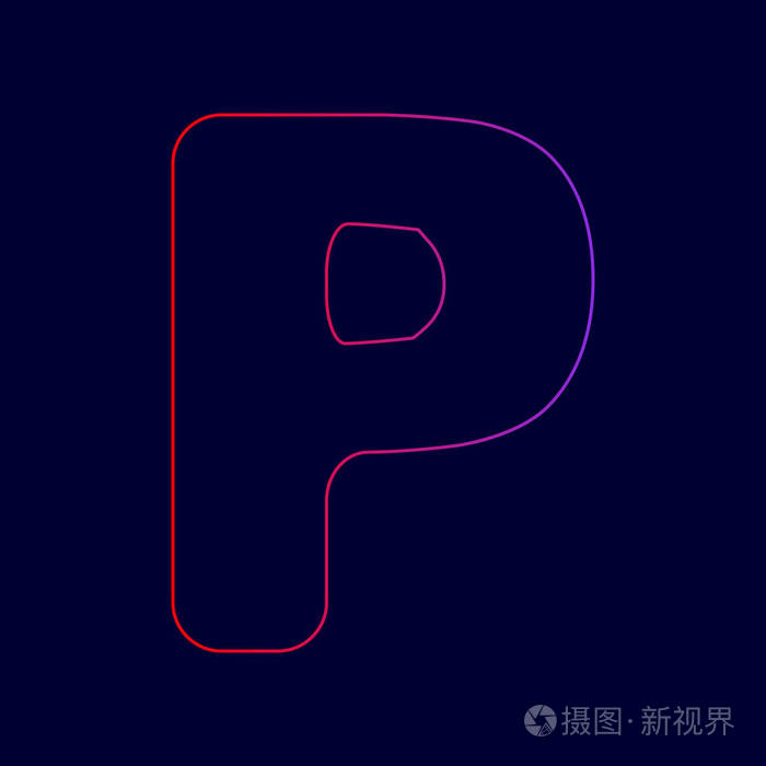 字母 P 标志设计模板元素。矢量。从红到紫颜色深蓝色背景上的渐变线图标