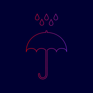 水滴的伞。雨保护标志。平面设计风格。矢量。从红到紫颜色深蓝色背景上的渐变线图标